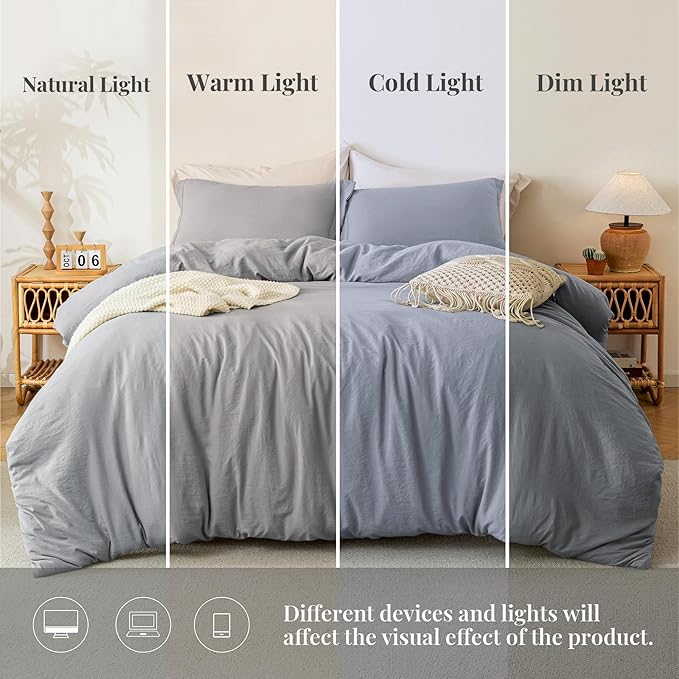 MILDLY Super Soft Duvet Cover - 100% Washed Microfiber Light Grey Comforter Cover Set 3 Pieces with Zipper Closure & Corner Ties (No Comforter)
