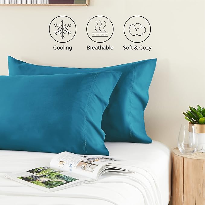 BEDELITE Pillow Cases Standard Size Set of 2, Rayon Derived from Bamboo, Cooling Pillow Cases for Hot Sleepers & Night Sweats, Breathable Silky Soft Envelope Pillowcases(Teal, 20"x26")