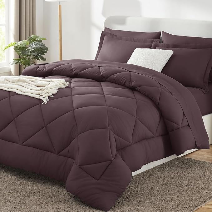 CozyLux Oversized King Comforter Set Cocoa Powder - 7 Pieces Bed in a Bag Comforter Set with Sheets, Luxury Soft Bed Set, Bedding Set with Down Alternative Comforter, Sheets, Pillowcases & Shams