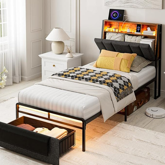IKIFLY Twin XL Bed Frames with Ergonomic Hidden Storage Headboard & Dustproof Storage Drawer, Upholstered Twin XL Platform Bed with Charging Station and LED Lights, No Box Spring Needed, Dark Grey