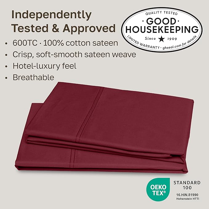 California Design Den Pillowcases Queen/Standard Set of 2 - Premium 600 Thread Count, Soft 100% Cotton Standard Pillowcase, Crisp, Smooth Sateen, Fits Standard & Queen Pillows - Brick Red
