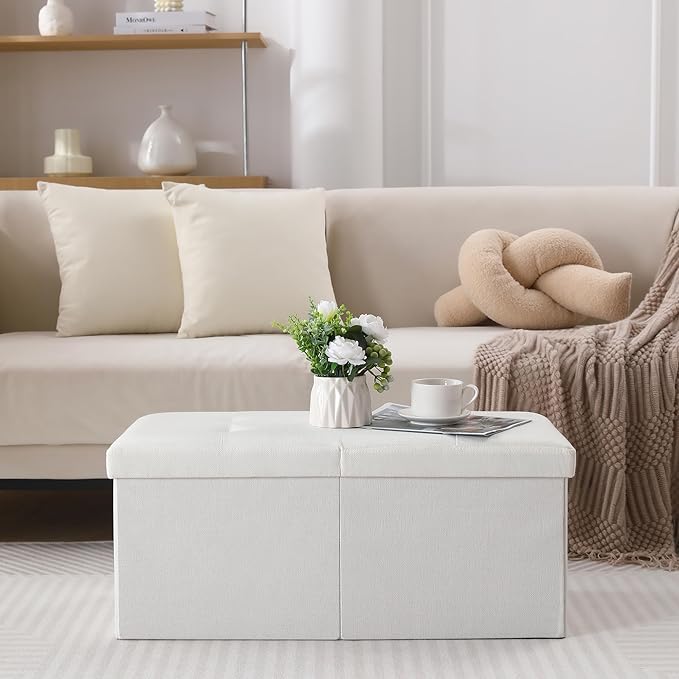 Storage Ottoman Bench Foldable Seat Footrest Shoe Bench End of Bed Storage with Flipping Lid, 75L Storage Space, 30 inches Linen Fabric White, OT026WS