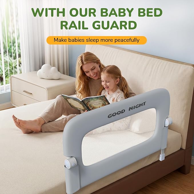 Bed Guard Rail for Toddlers - 32" Adjustable Heights & Folding up Portable Bed Railing for Baby - Toddler Bed Rails Guard for Crib, Twin, Bunk,Full Size, Queen & King Bed(Grey)