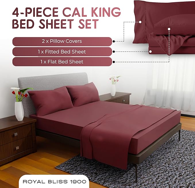 California King Sheet Sets – 4Pcs Cal King Bedding Set, Deep Pocket, Double Brushed Microfiber, Fade Resistant, Soft & Breathable Bed Sheets for Ultimate Comfort(Burgundy)