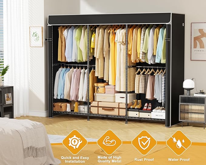 ULIFHOME E14C Pro Heavy Duty Closet Organizer System，Freestanding Clothing Racks for Hanging Clothes，Adjustable Garment Rack 70.1"W × 16.6"D × 76.4"H Hold 960 lbs，Black Rack with Black Dustproof Cover