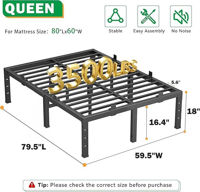 18 Inch Queen Bed Frames,Heavy Duty Metal Queen Size Platform 3500 lbs Capacity, No Box Spring Needed, 6 Mattress Slide Stopper, Headboard Holes, Noise-Free, Easy Assembly, Black
