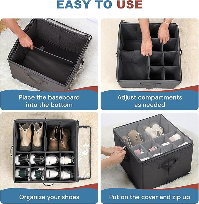 Under Bed Shoe Storage Organizer 16 Compartment, Foldable Shoe Organizer Under Bed with Clear PVC Lid, Shoe Storage Box with Zipper & Handle for Closet Bedroom, Grey, Pack of 2