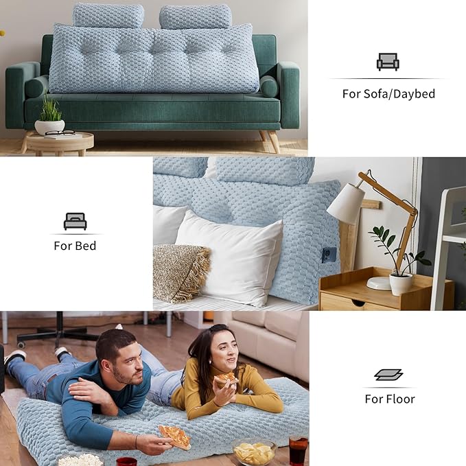 Wedge Headboard Pillow - Bed Wedge Pillow for Headboard Triangular Headboard Pillow with Neck Roll Pillow-Large Bolster Pillow for Sitting in Bed Backrest Positioning Support (Blue,39x8x20 Inches)