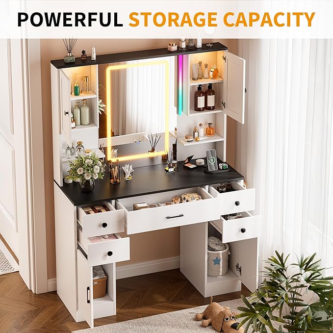 KAMABOKO Vanity Desk with Mirror and Lights, Makeup Vanity Table with Drawers & Shelves, Power Outlet, Dressing Table with Jewelry Storage for Bedroom (051 Black)