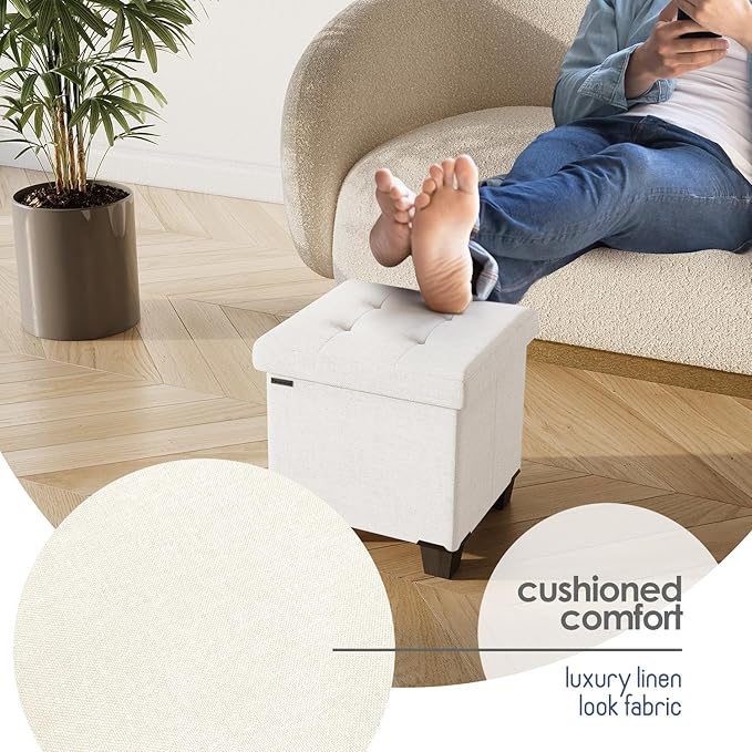 Storage Ottoman Cube with Small Bin, 15-in Square Ottoman with Storage for Living Room and Bedroom, Small Ottomans Foot Rest, Fabric Foot Stools Ottomans Max 330lbs, Cream