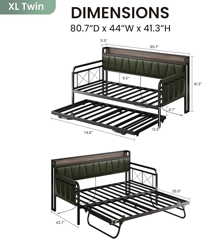 LIKIMIO Twin XL Daybed, Day Bed with Trundle, Storage Upholstered Headboard and Charging Station, Trundle Bed with Strong Supports for Living Room, Bedroom, and Guest Room, Green