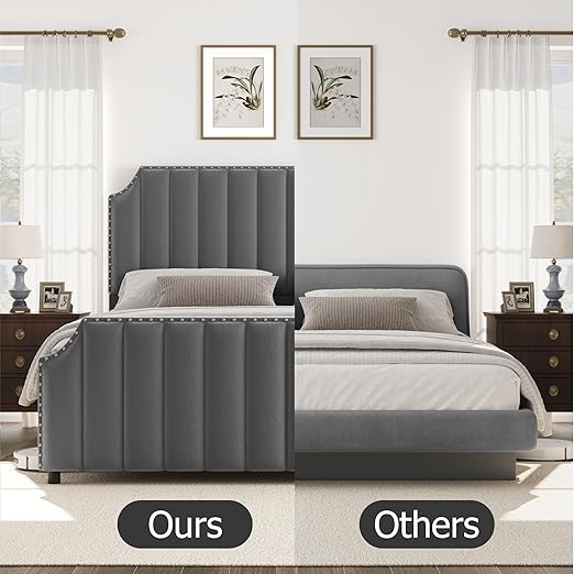 GarveeHome Queen Size Platform Bed Frame with 50.2 in Headboard, Velvet Upholstered Bed Frame with Vertical Channel Tufted Headboard & Footboard, Nailhead Trim, No Box Spring Needed, Grey