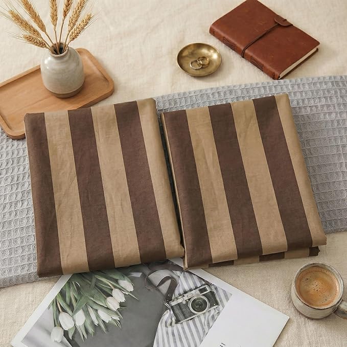 Merryword Standard Size Pillowcases, 100% Cotton Pillow Cases, Brown and Khaki Striped Pillowcases, Soft Breathable Wide Stripes Pillow Covers, Set of 2