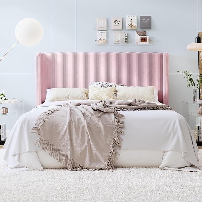SHA CERLIN King Size Corduroy Upholstered Platform Bed Frame with Vertical Channel Tufted Wingback Headboard, 8" Under Bed Storage, Wooden Slats & Metal Frame Support, Easy Assembly, Light Pink