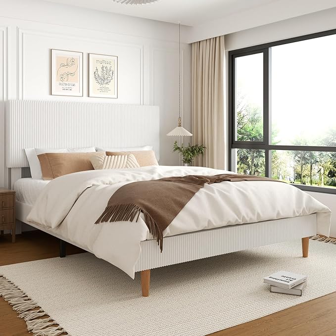 King Size Bed Frame, Upholstered Platform Bed with Adjustable Headboard, Vertical Fluted Tufted, Soft Corduroy Fabric, Wooden Slats Support, No Box Spring Needed, Easy Assembly, White