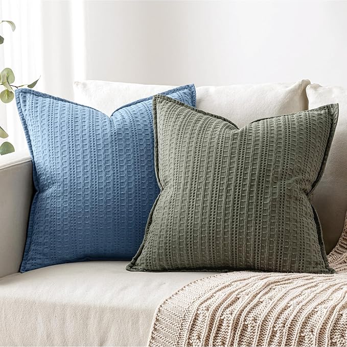 Set of 2 Decorative 100% Cotton Waffle Throw Pillow Covers 20x20, Neutral Coastal Euro Shams Weave European Cushion Cases for Couch Sofa Bed Modern Farmhouse Home Decor, Blue