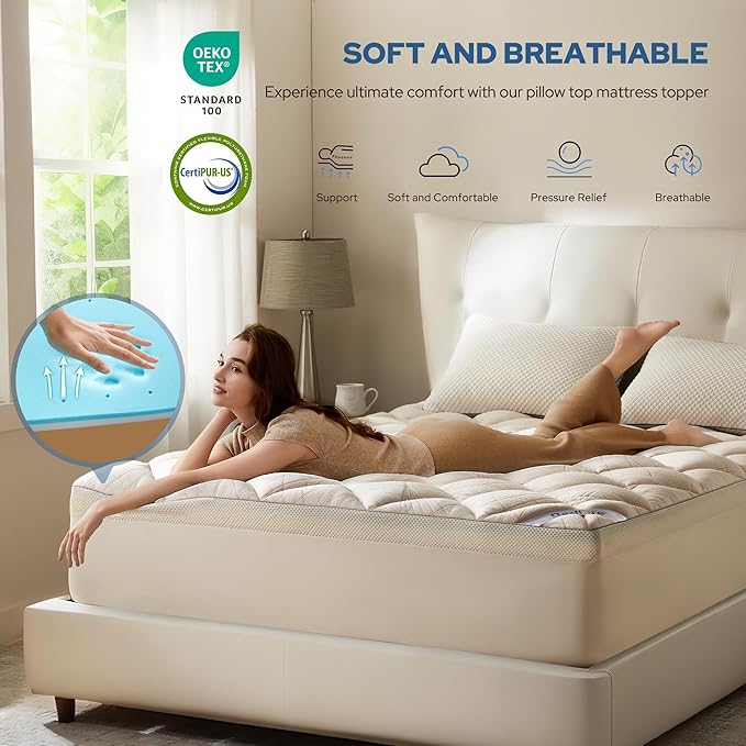 BedBedlore 4-Inch Full Mattress Topper for Back Pain - Dual Layer Medium Support (2" Gel Memory Foam + 2" Cooling Fluffy Pillow Top Pad), Breathable & Pressure Relief (Beige)