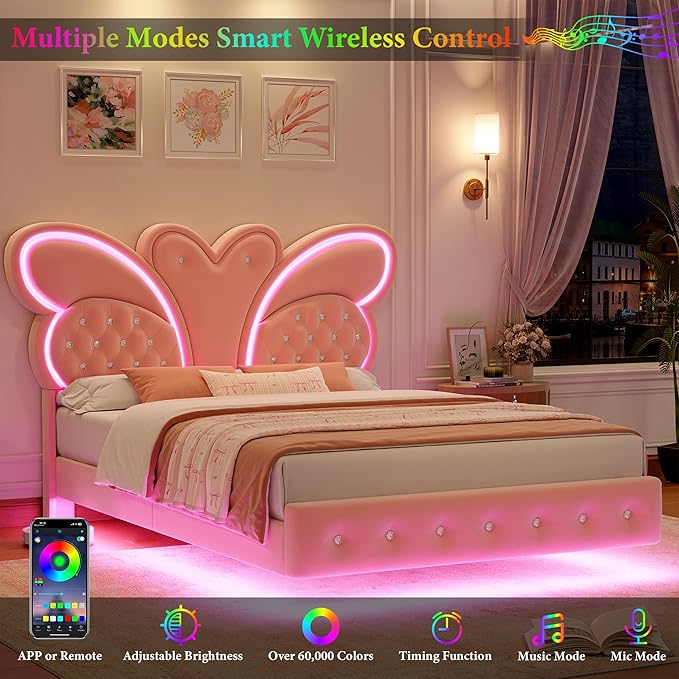 Keyluv Queen Bed Frame Butterfly-Pattern Upholstered Headboard, Modern Floating Bed with LED Lights Button Tufted on Headboard and Footboard, Slats Support No Box Spring Needed, Noise-Free, Pink