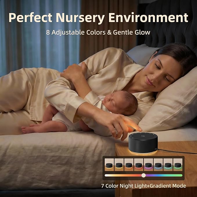 Kipcush White Noise Machine - Soft Non-Glare Nursery Lamp, 30 Soothing Sounds, 8 Color Lights, Max 8-Hour Timer for Baby & Adults (Black, Standard)