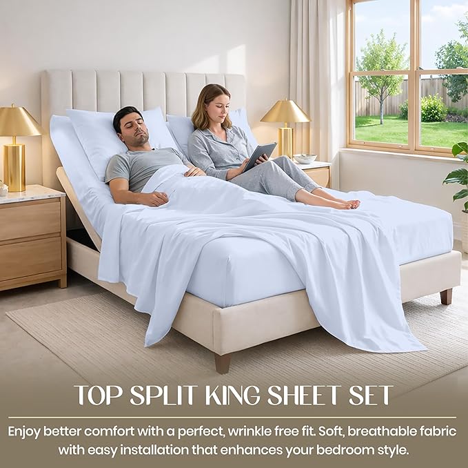SGI bedding 36" King Split Top Flex Head Sheet 100% Egyptian Cotton Sheet Set 1000 Thread Count Flex Top Sheet for Adjustable Bed 4Pc Sheet Set 15" Deep Pocket for Sleep Number Bed- Light Blue