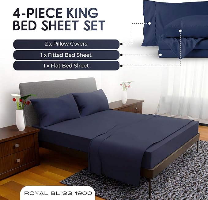 King Size Sheets Set - 4 Piece Bedding - Wrinkle Free -Double Brushed Cooling Bed Sheets King, Deep Pocket King Sheet Set, King Size Bedding Sets (Navy, King)
