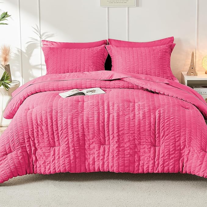 HYMOKEGE Hot Pink Full Size Comforter Sets Seersucker 7 Pieces, All Season Luxury Bed in a Bag for Bedroom, Bedding Set with Comforter, Sheets, Pillowcases & Shams
