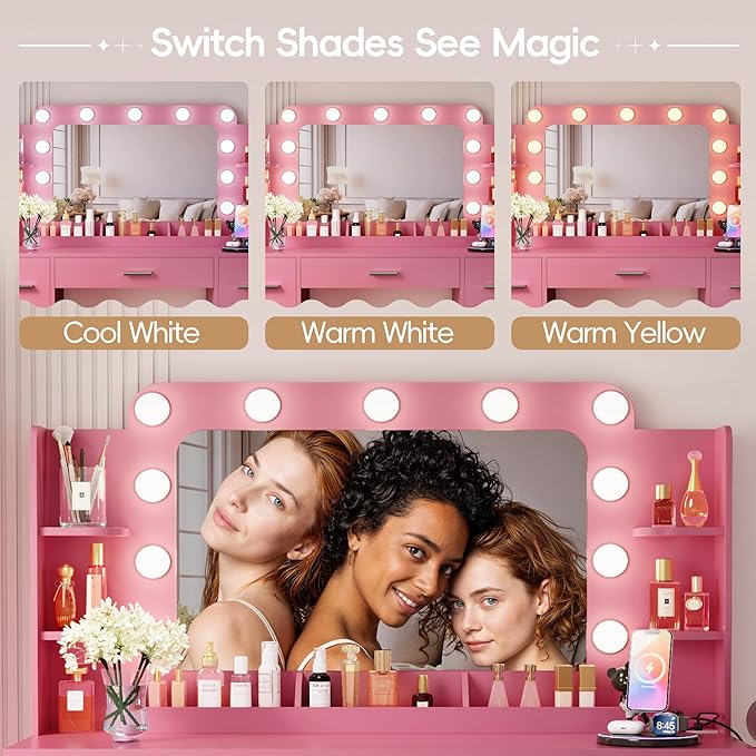 Furmax Vanity Desk with Hollywood Style Mirror with LED Lights, Makeup Table Vanity with 2 AC Outlets and1 USB＆1 Type-C Port, Adjustable Lighting, Modern Ample Storage Drawers Dressing Table (Pink)