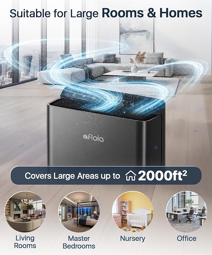 Afloia Air Purifiers for Bedroom Home Large Room Up to 2000Ft², 3-Stage Efficient Filter with Laser Air Quality Sensor for Pets Hair Dander Pollen Allergies Dust Mold Odor Smoke, Black