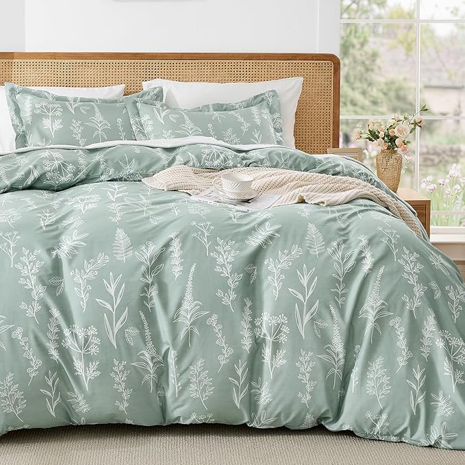 MUXHOMO Duvet Cover King Size, Reversible Floral Green Duvet Cover Set with Zipper Closure, 3 Pieces Botanical Patterns Soft Microfiber Bedding Set (90"x104", 2 Pillow Cases 20"×36")