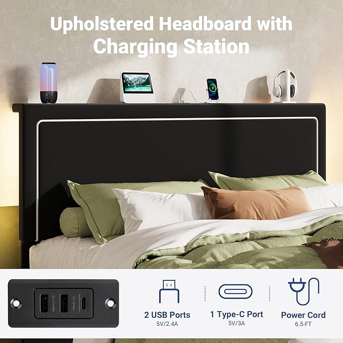 Allewie Full Size Lift Up Storage Bed Frame with Charging Station & LED Lights, Adjustable Velvet Upholstered Storage Headboard, Type-C & USB Ports, Hydraulic Support, No Box Spring Needed, Black