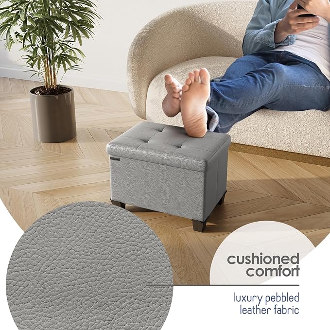 Storage Ottoman Cube with Small Bin, 16-in Square Ottoman with Storage for Living Room and Bedroom, Small Ottomans Foot Rest, Leather Foot Stools Ottomans Max 330lbs, Light Grey