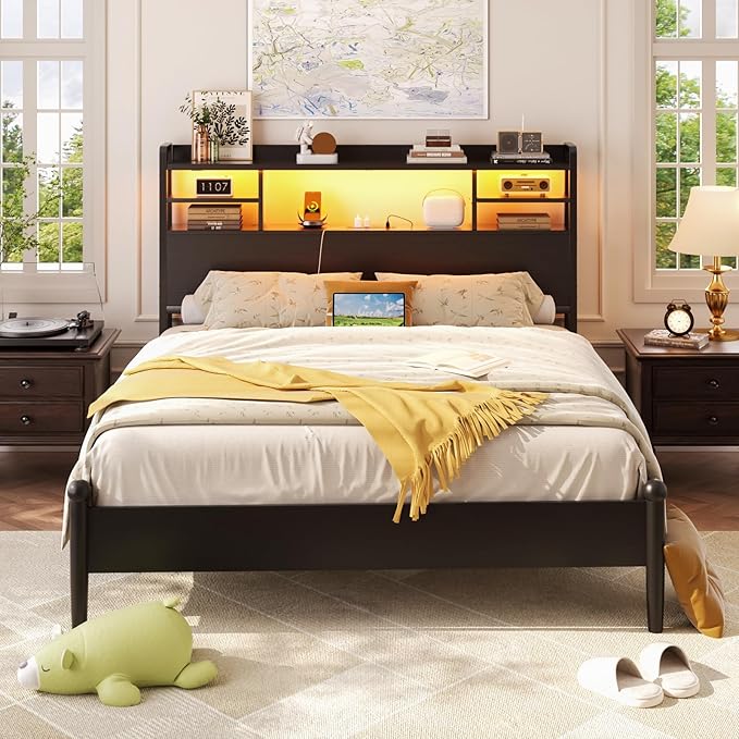 Aheaplus Headboard for Full Size Bed with Storage, Headboards with LED Light, Power Outlets, USB Ports Full Size Head Board, Wood headboard Only Sturdy and Stable Headboards, Modern, Black