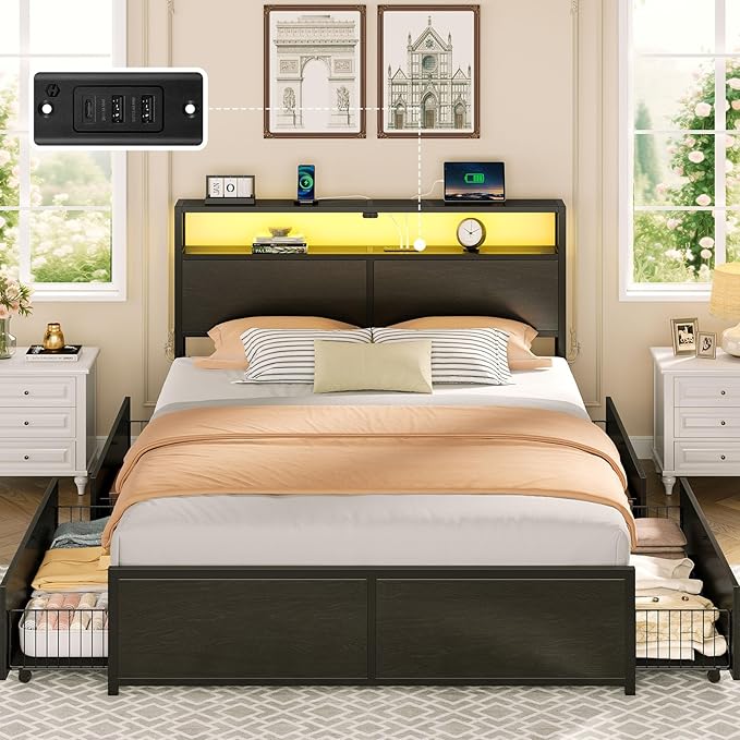 Rolanstar Queen Bed Frame with 4 Storage Drawers & 2-Tier Storage Headboard, Metal Platform Bed Frame with Charging Station & LED Lights, Noise-Free, No Box Spring Needed, Easy Assembly, Black Oak