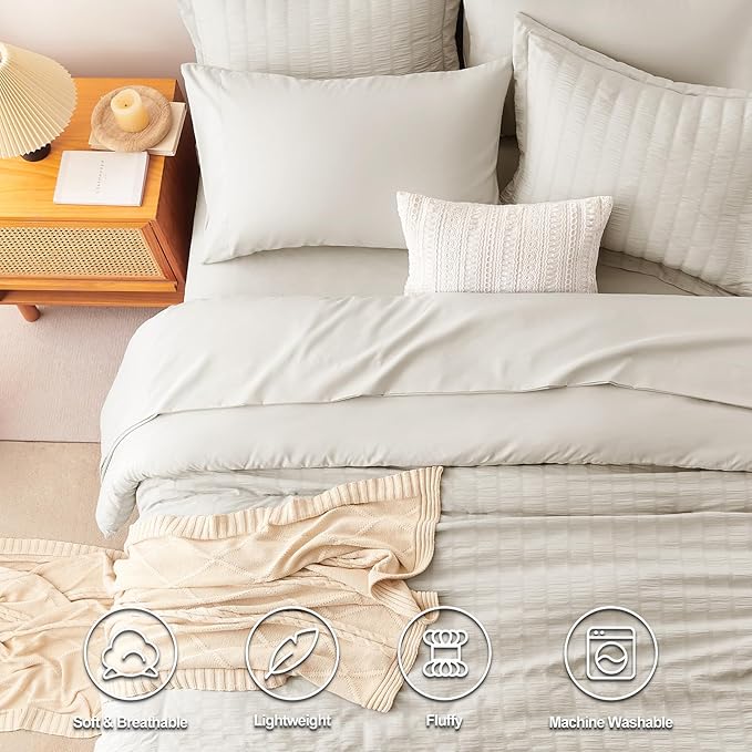 CozyLux Oversized King Comforter Set Beige Seersucker 7 Pieces 120x98 Bed in a Bag Comforter Set with Sheets, Luxury Soft Bedding Sets with Down Alternative Comforter, Sheets, Pillowcases & Shams
