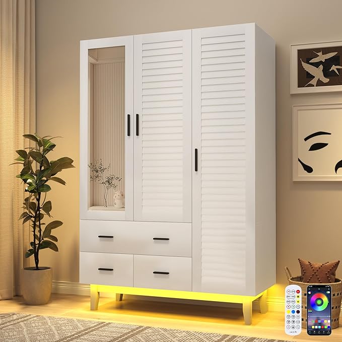jiteentarou 3 Door Armoire Wardrobe Closet Cabinet with Drawers and LED Lights, Multi-Tier Shelves, Hanging Rod & 3 Louver Doors, Large Capacity Storage Wardrobe Armoire for Bedroom(3 Doors White)