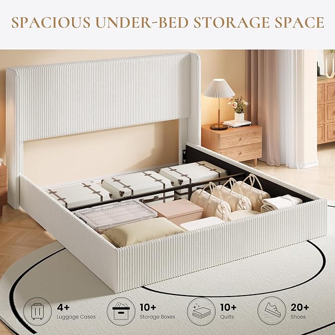 SHA CERLIN King Size Lift Up Storage Bed Frame, Modern Upholstered Wingback Headboard, Hydraulic Support & Underneath Storage, Soft Corduroy Fabric Platform Bed, No Box Spring Needed, White