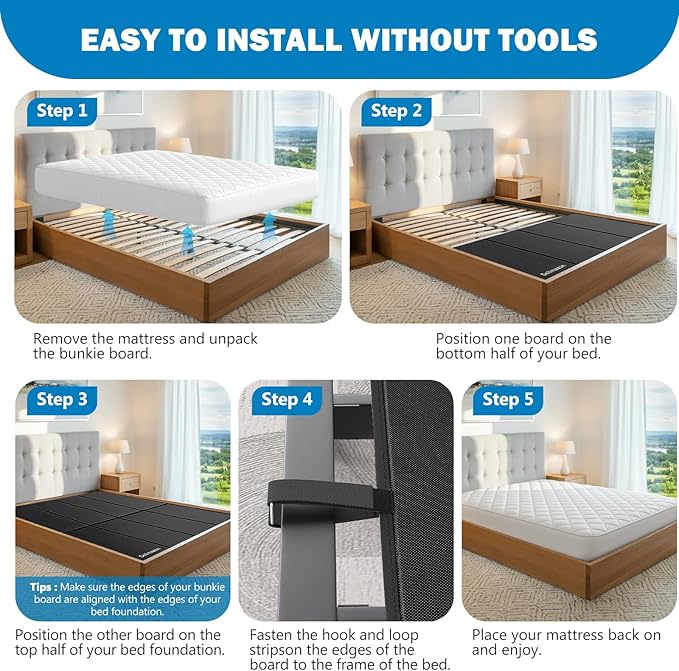 Bunkie Board Twin Size (38x75''), Heavy Duty 10mm Bed Boards for Slatted Frame, Sleeper Sofa Support Board to Stop Sagging Mattress, Breathable, Noise Minimizing, Moisture Resistant, Black