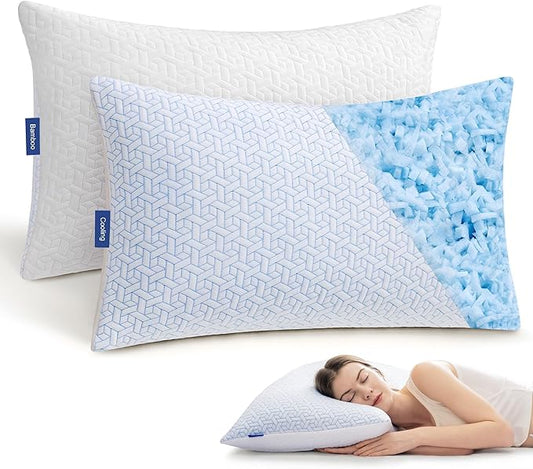 puredown® Cooling Pillows Standard Size Set of 2, Memory Foam Pillows Adjustable Firm Bed Pillows for Sleeping, Cool Pillow for Hot Sleepers with Zipper Removable Pillow Cover
