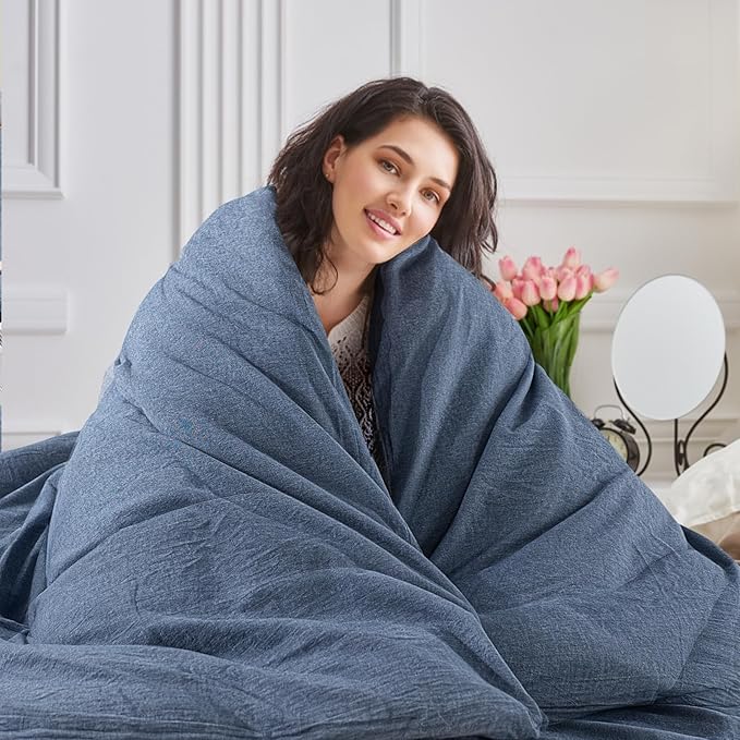 NEXHOME PRO Duvet Cover Full 100% Washed Cotton, Heathered Blue Breathable, Durable, Textured, Linen Like, Home Bedding Set 80"x90"