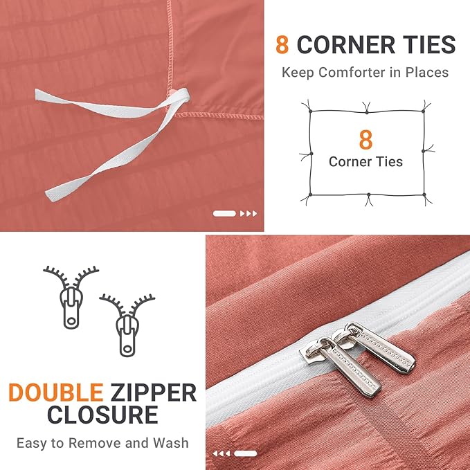 HYMOKEGE Coral Red Duvet Cover King Size, Ultra Soft 3-Piece Seersucker Duvet Cover Set with Zipper Closure, Soft Brushed Microfiber Bedding Set with 8 Corner Ties (104"x90", 2 Pillowshams)