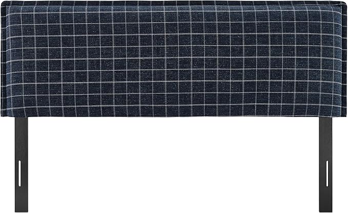 Modway Camille Queen Size Checkered Linen Blend Plaid Headboard with Removable Slipcover – in Denim Windowpane Check - Padded Pillow Style Headboard with Adjustable Mounting for Queen Beds