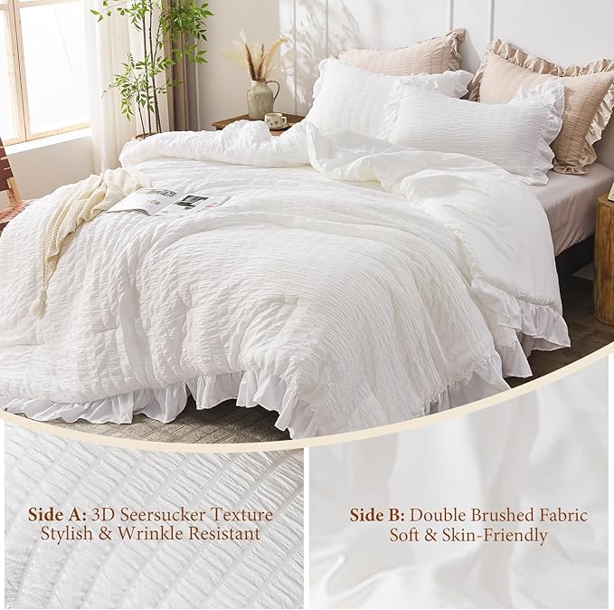 JOLLYVOGUE King Size Comforter Set, White Seersucker 3 Pieces Comforters King Size, Lightweight & Fluffy Bedding Sets King for All Season with 1 Ruffle Comforter and 2 Ruffle Pillowshams