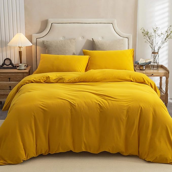 PURE ERA Jersey Knit Duvet Cover Set 100% T-Shirt Cotton Super Soft Comfy 3pc Bedding Set with Zipper Closure (Solid Yellow, King)