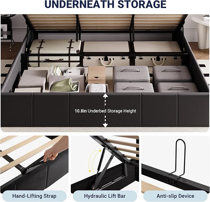 Allewie King Size Velvet Lift Up Storage Bed Frame, Vertical Channel Tufted Headboard, Hydrualic Underneath Storage, Upholstered Platform Bed, Wooden Slats Support, No Box Spring Needed, Black