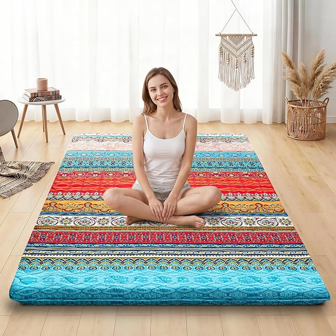 SCHNAUZER HOME Bohemian Japanese Floor Mattress, 3.5" Thicken Boho Floral Pattern Portable Futon Mattress, 100% High-Density Foam Tatami Mat Sleeping Pad for Camping Guest Room Dormitory RV, Twin