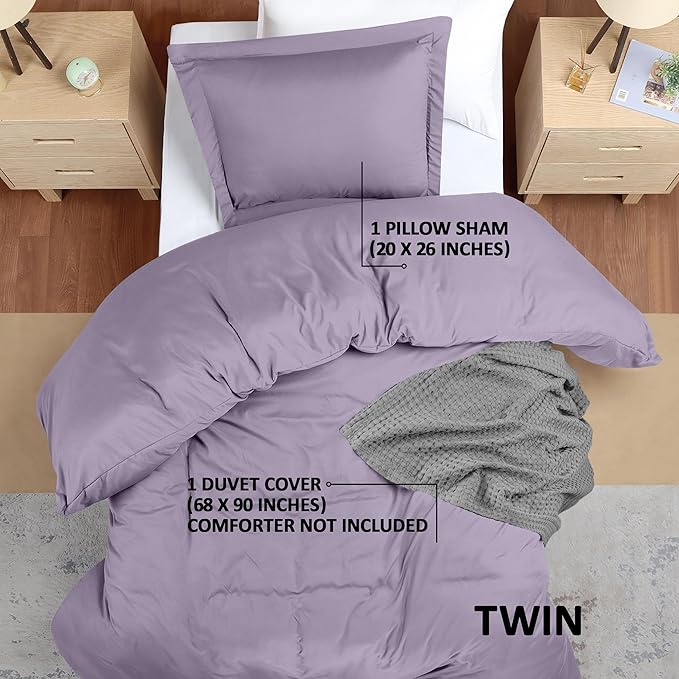 Utopia Bedding Duvet Cover Twin Size - 2 Piece with Zipper Closure - 1 Comforter Cover 68X90 Inches & 1 Pillow Sham 20X26 Inches (Lavender) Comforter Not Included