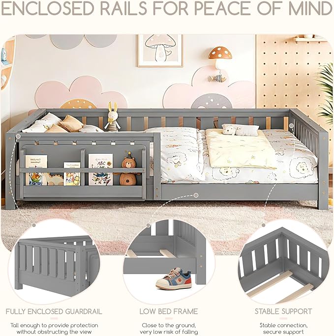 Bellemave Full Size Floor Bed Frame with Fence & Bookshelf, Solid Pinewood Montessori Floor Bed Full with Slats Load 450LBS, Low Profile Floor Bed for Kids, Bedroom, Nursery, Easy Assembly, Grey