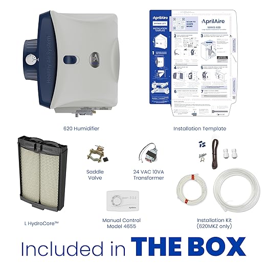 AprilAire 620MKZ Whole-House, Large Bypass Evaporative Humidifier – 18 Gallons Per Day, Water Saving with Manual Control and Installation Kit for up to 5,300 Sq. Ft.