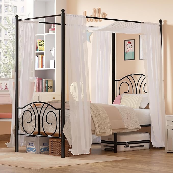 VECELO Metal Canopy Bed Frame Twin Size, 4 Posters Platform Mattress Foundation with Headboard, Heavy Duty Steel Slats Support, No Box Spring Needed, Matte Black