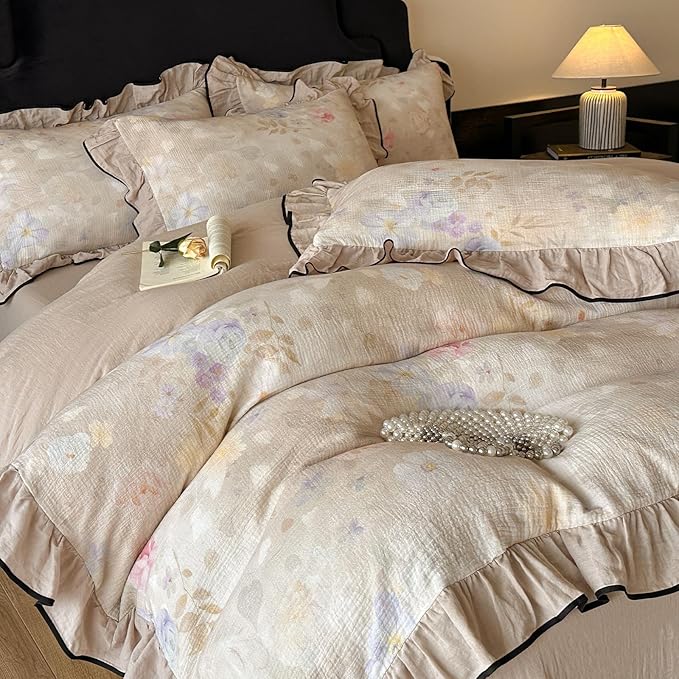 VM VOUGEMARKET Ruffle Duvet Cover Queen Muslin Cotton Vintage Flower Duvet Cover Soft Breathable Linen Like Gauze Bedding Set for Girls-Ivory